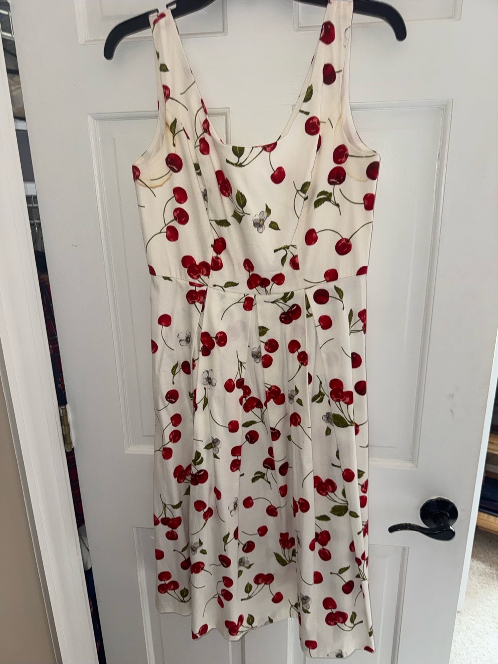 White Cherry-Print Sleeveless Midi Dress
